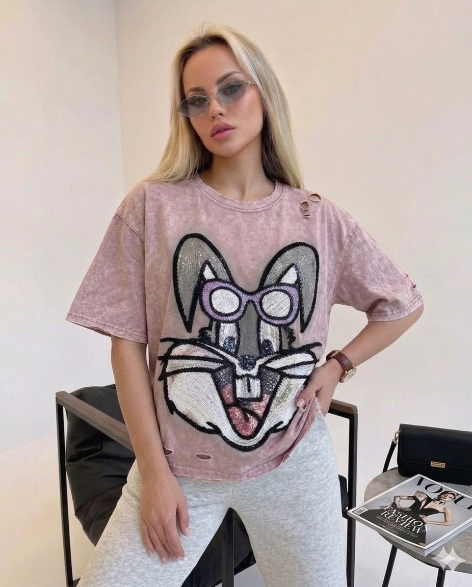 футболка варенка оверсайз с принтом bugs bunny,футболка варенка с принтом оверсайз,женская футболка,футболка варенка с принтом оверсайз удлиненная,женская футболка оверсайз