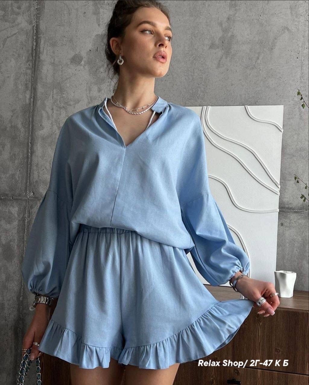 летний костюм из льна,льняной костюм,летние костюмы женские,блузка с завязками,льняной костюм с шортами