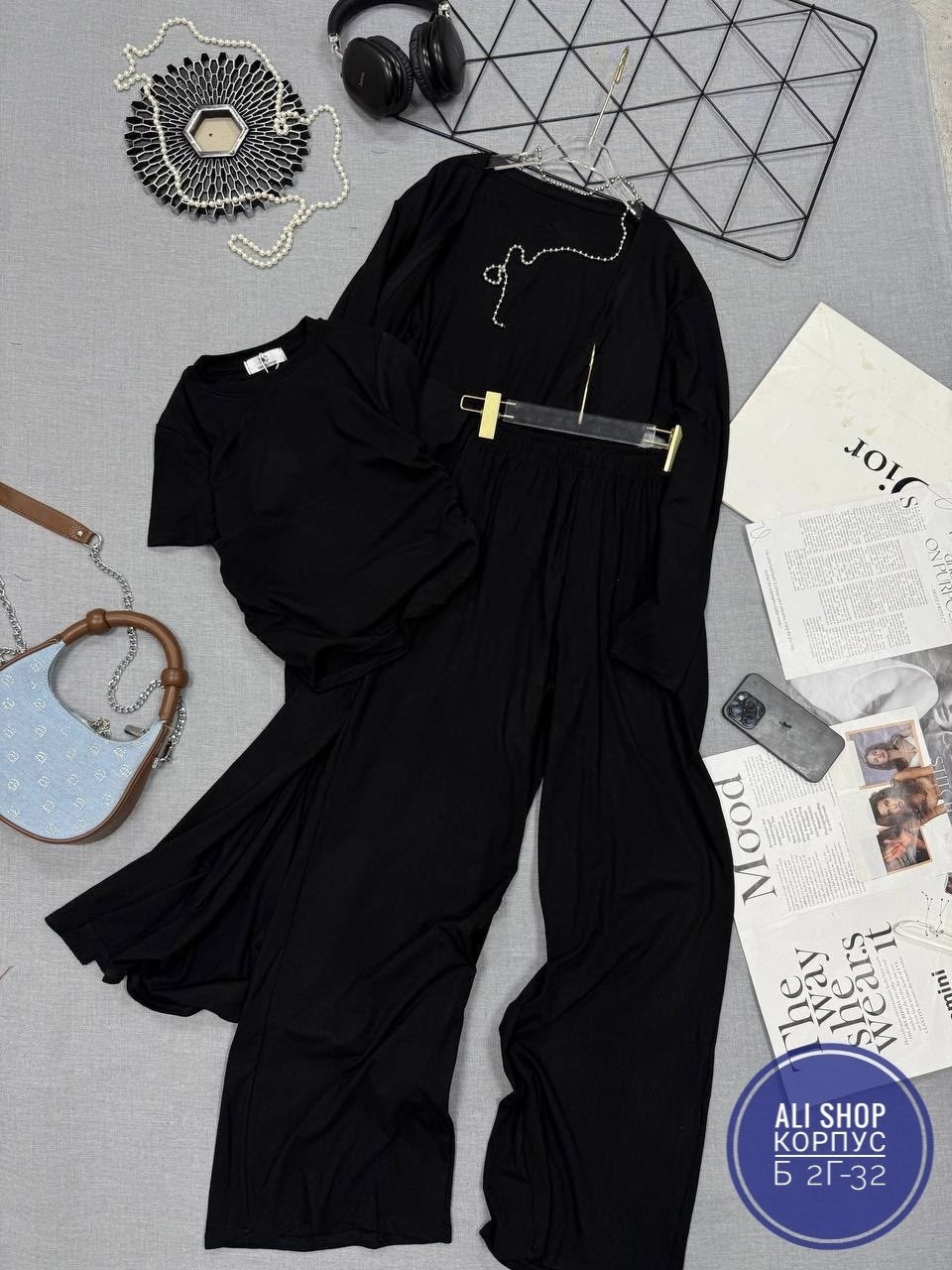 костюм тройка брючный с топом из вискозы легкий летний sensuluxe 422451853,стильные костюмы,костюм с брюками палаццо,костюм женский,костюм с брюками