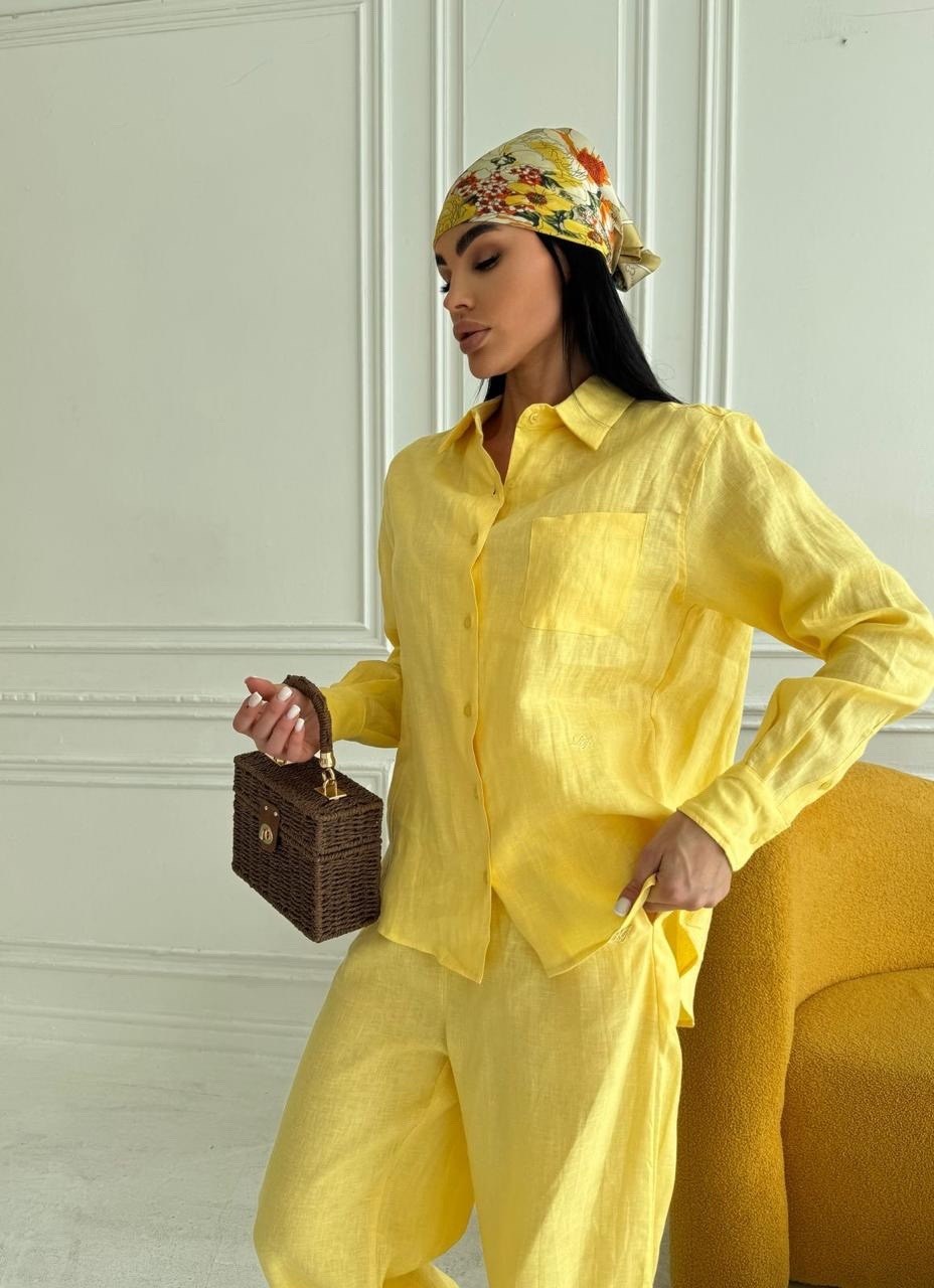 идеальный костюм изо льна: рубашка + брюки, lemon - l-xl,брючный костюм,костюм желтый,костюм льняной,брючный костюм из льна