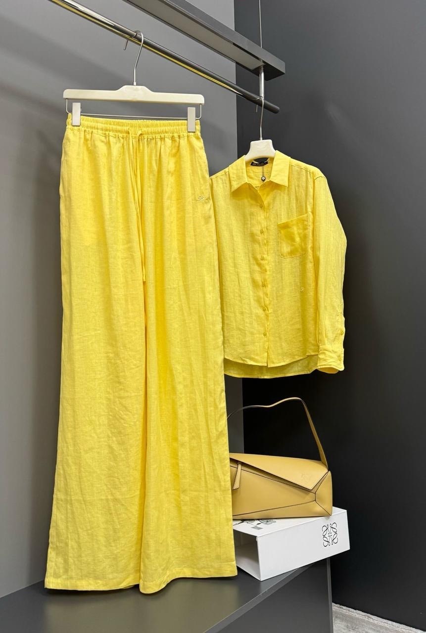 идеальный костюм изо льна: рубашка + брюки, lemon - l-xl,брючный костюм,костюм желтый,костюм льняной,брючный костюм из льна