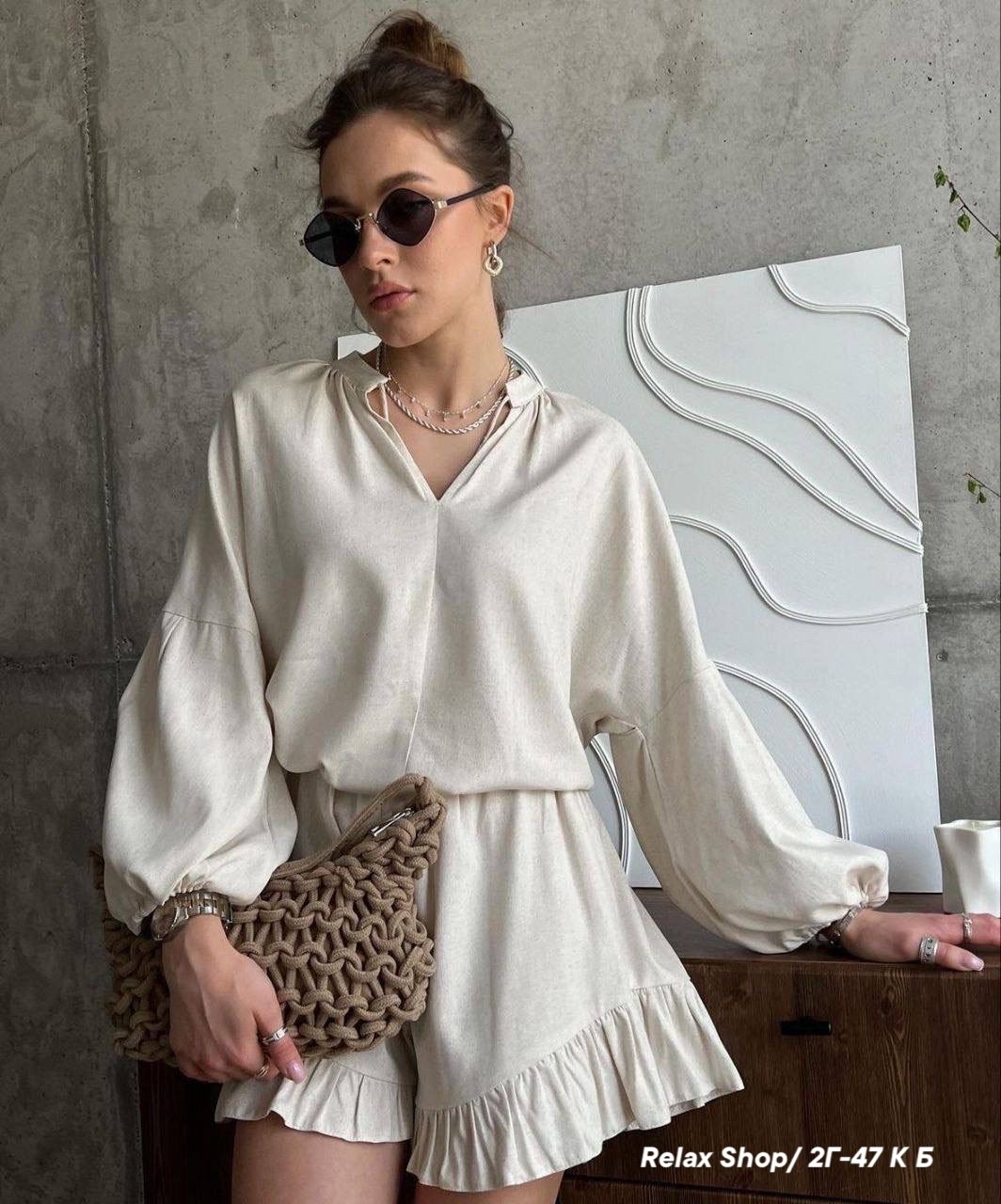 летний костюм из льна,льняной костюм,летние костюмы женские,блузка с завязками,льняной костюм с шортами