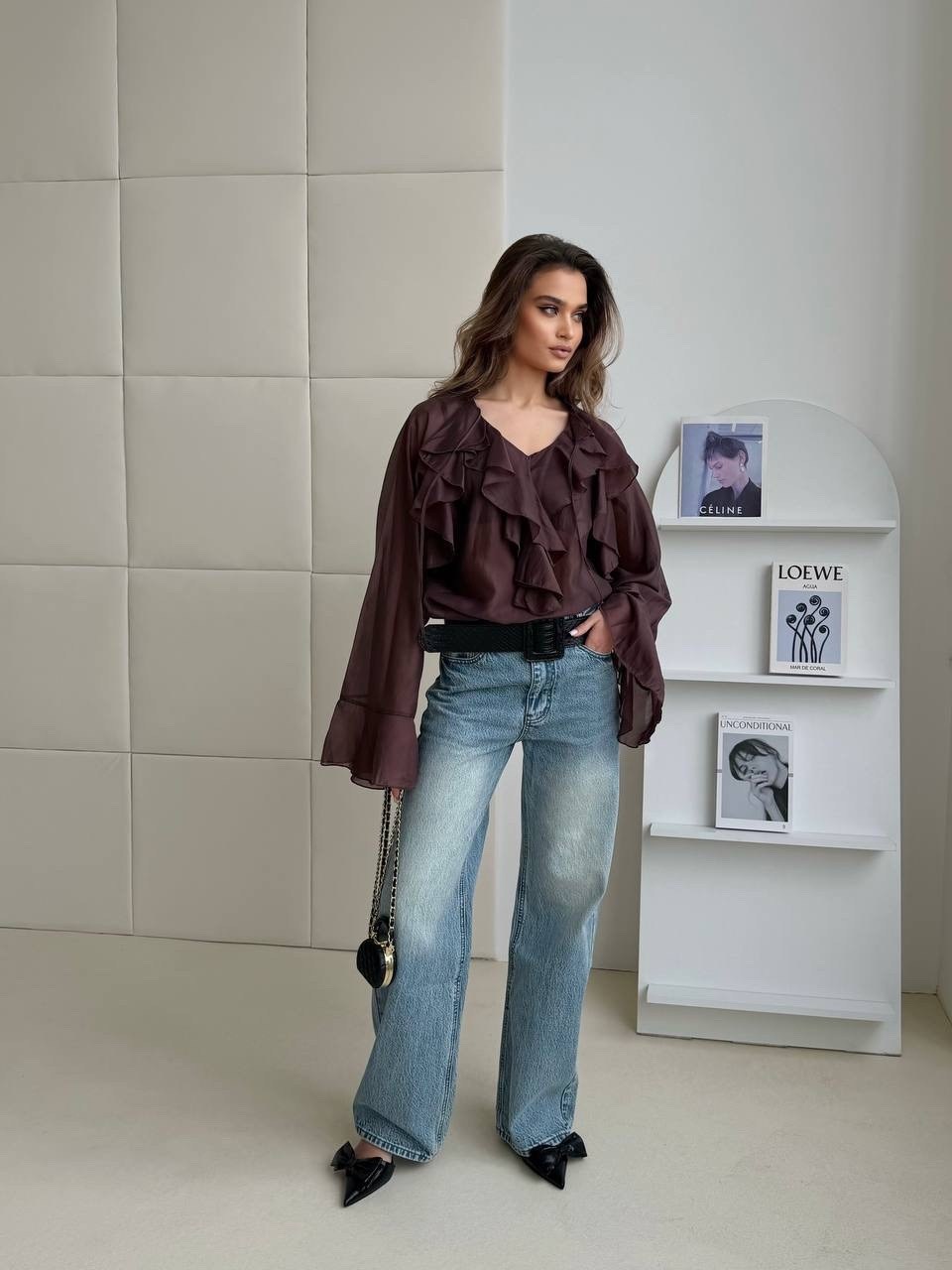 блузка шифоновая на завязках с воланами цвет: коричневый,блуза из шифона,блузка из шифона,блузка шифоновая на завязках с воланами,шифоновая блузка