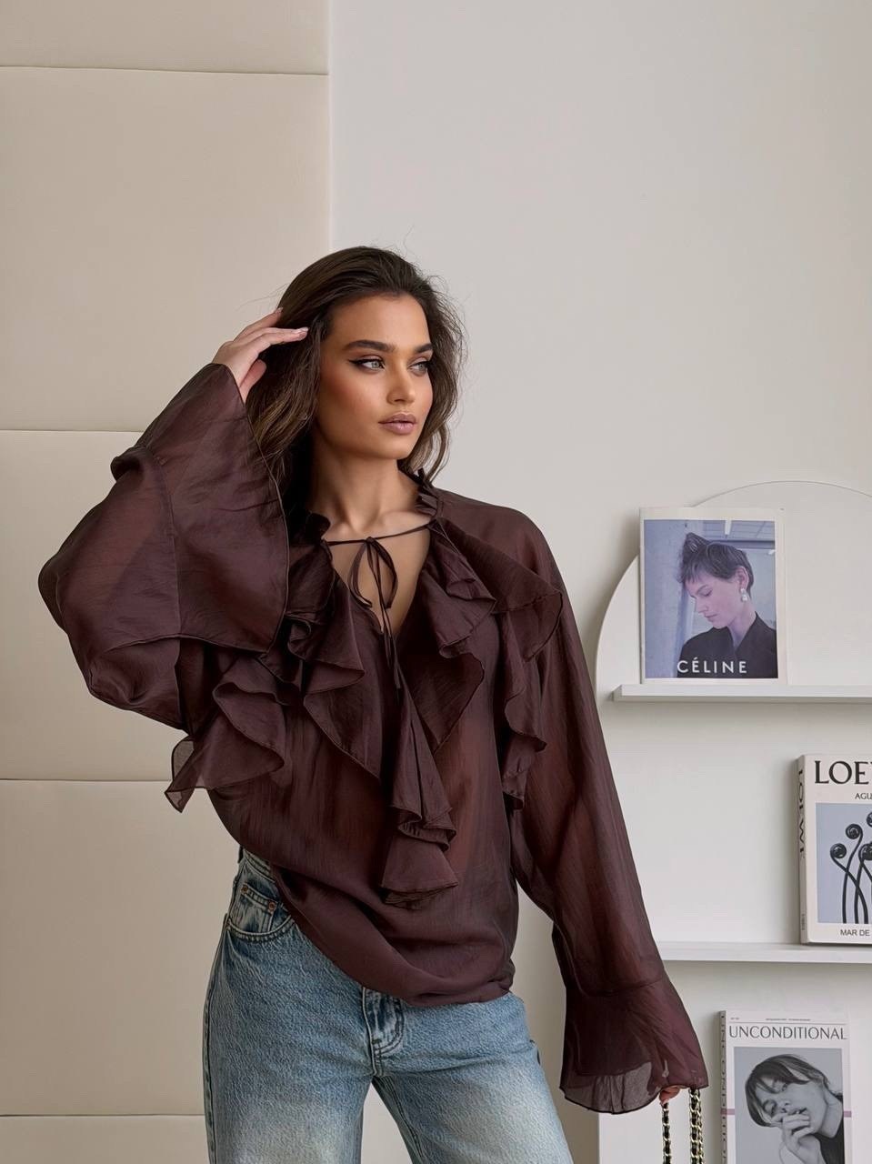 блузка шифоновая на завязках с воланами цвет: коричневый,блуза из шифона,блузка из шифона,блузка шифоновая на завязках с воланами,шифоновая блузка