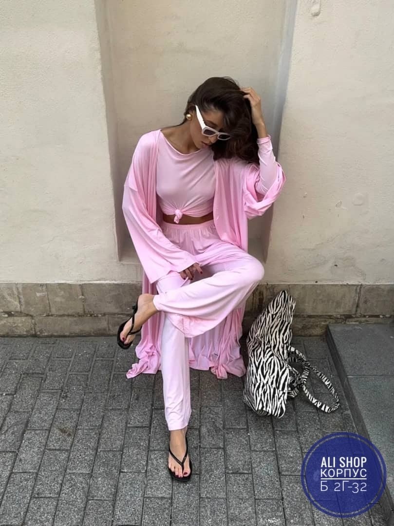 костюм тройка брючный с топом из вискозы легкий летний sensuluxe 422451853,стильные костюмы,костюм с брюками палаццо,костюм женский,костюм с брюками