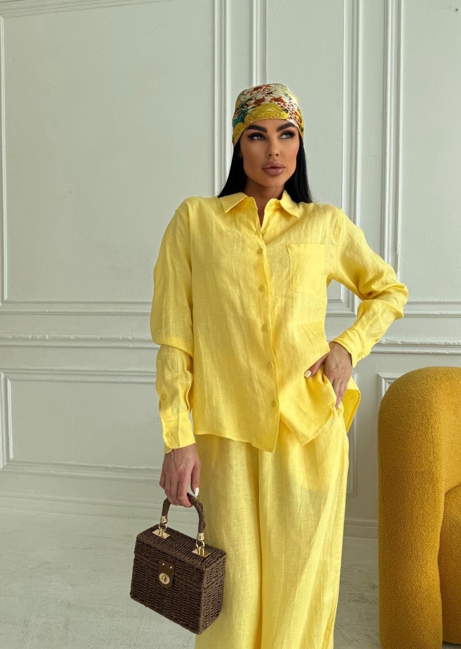идеальный костюм изо льна: рубашка + брюки, lemon - l-xl,брючный костюм,костюм желтый,костюм льняной,брючный костюм из льна