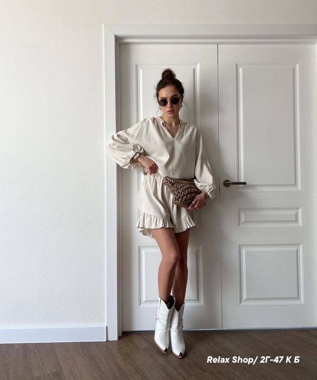 летний костюм из льна,льняной костюм,летние костюмы женские,блузка с завязками,льняной костюм с шортами