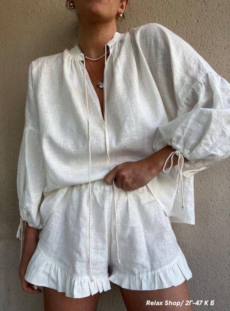 летний костюм из льна,льняной костюм,летние костюмы женские,блузка с завязками,льняной костюм с шортами
