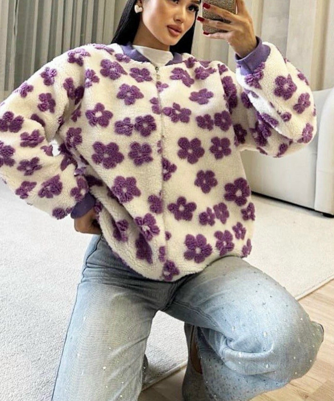 куртка с цветочным принтом,свитшот кофта теплая,женская кофта,кофта с цветами,плюшевая куртка
