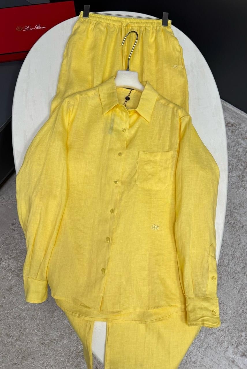 идеальный костюм изо льна: рубашка + брюки, lemon - l-xl,брючный костюм,костюм желтый,костюм льняной,брючный костюм из льна
