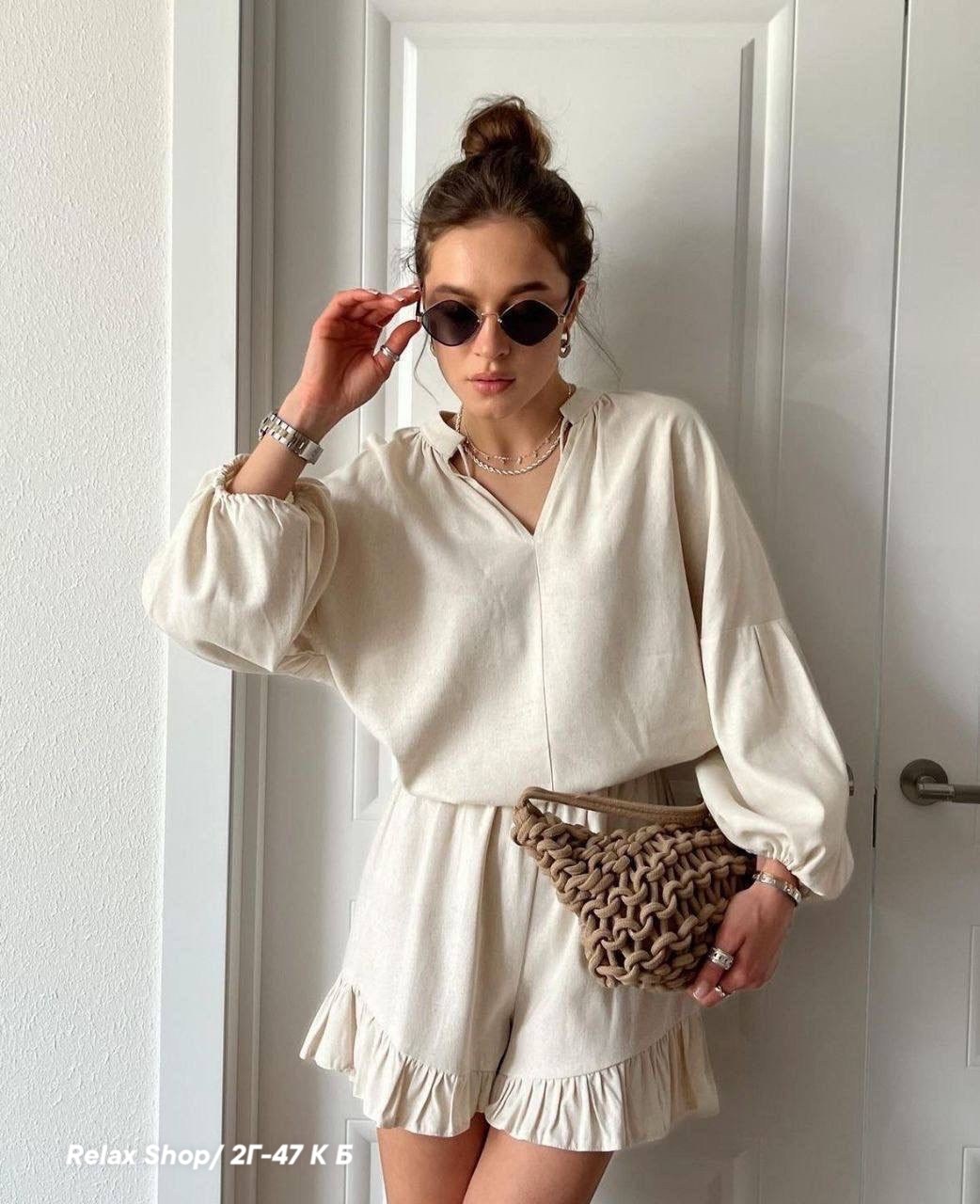 летний костюм из льна,льняной костюм,летние костюмы женские,блузка с завязками,льняной костюм с шортами