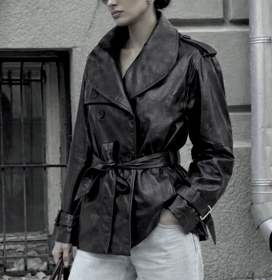 чёрный кожаный тренч,кожаный плащ женский,эксклюзивный кожаный тренч р 46 50,кожаный тренч,кожаные плащи