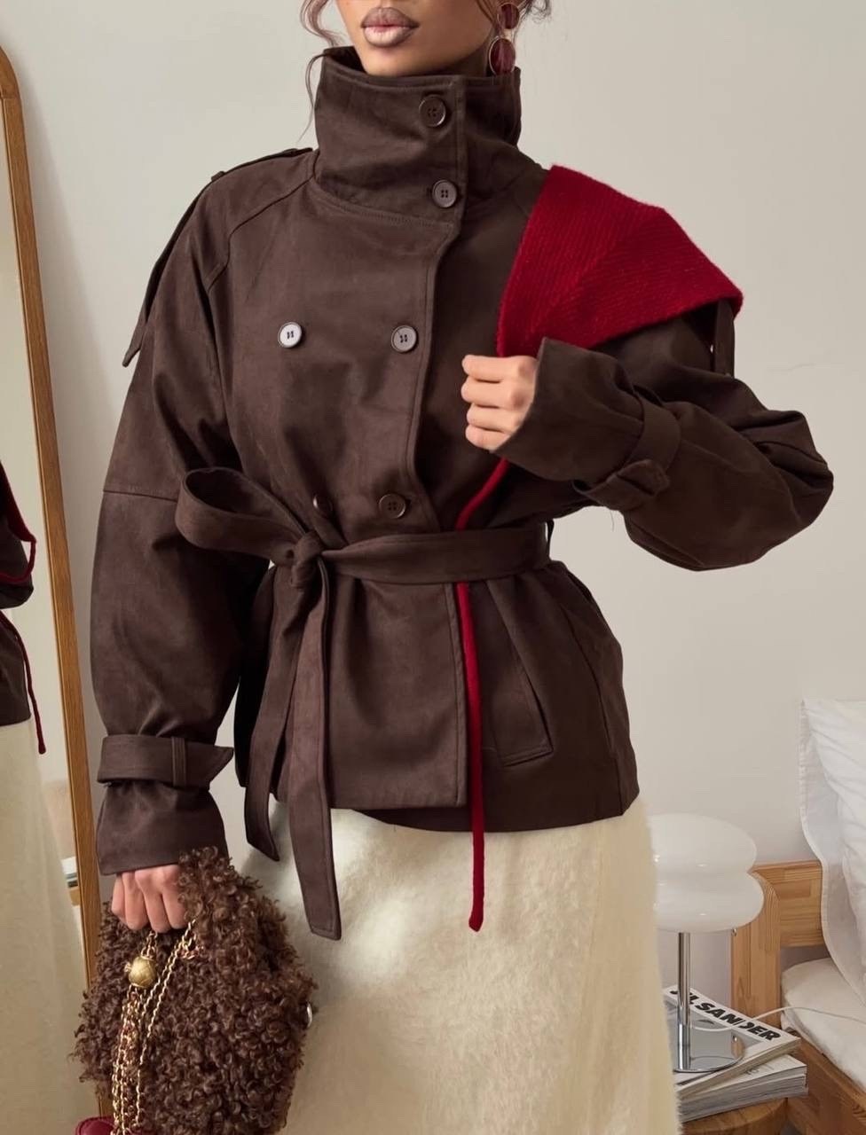 тренч короткий,куртка косуха замшевая коричневая с поясом tadari,тренч,женская куртка,тренч с поясом