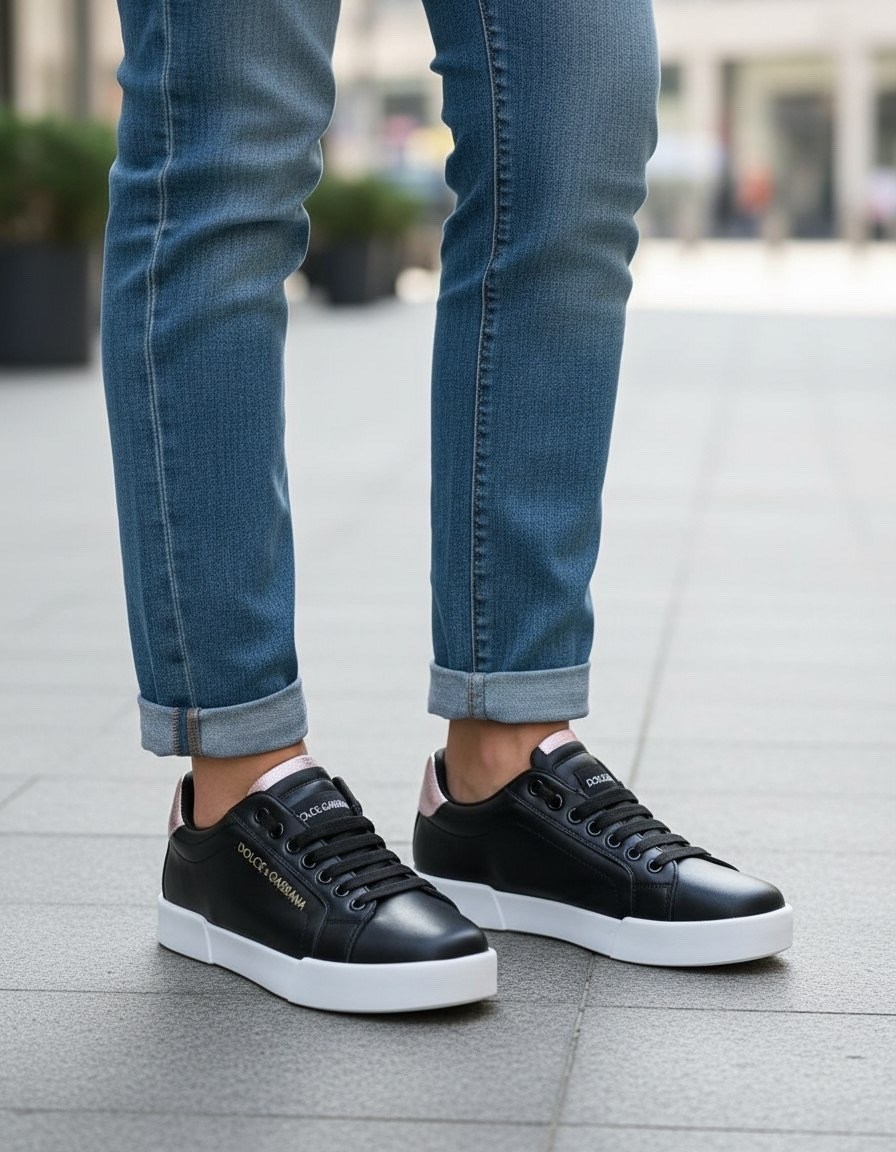 черные женские кожаные кроссовки с логотипом portofino dolce&gabbana,кроссовки dolce&gabbana,кроссовки dolce gabbana женские,,кожаные кеды portofino dolce & gabbana