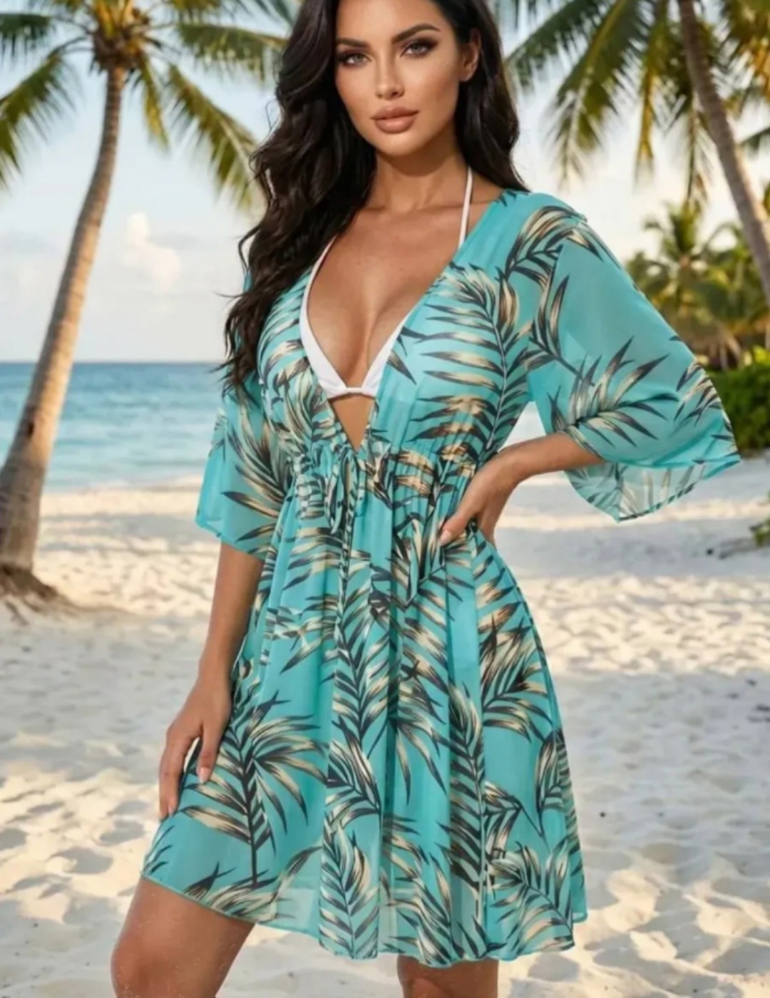 swim v cay кимоно с тропическим принтом с узлом без бикини shein,девушка,брюнетка,женщин,брюнетка актриса
