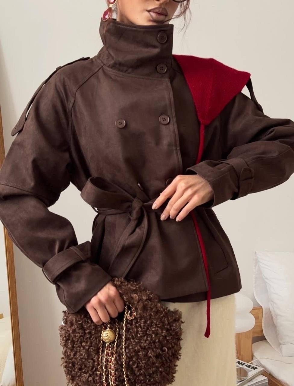 тренч короткий,куртка косуха замшевая коричневая с поясом tadari,тренч,женская куртка,тренч с поясом