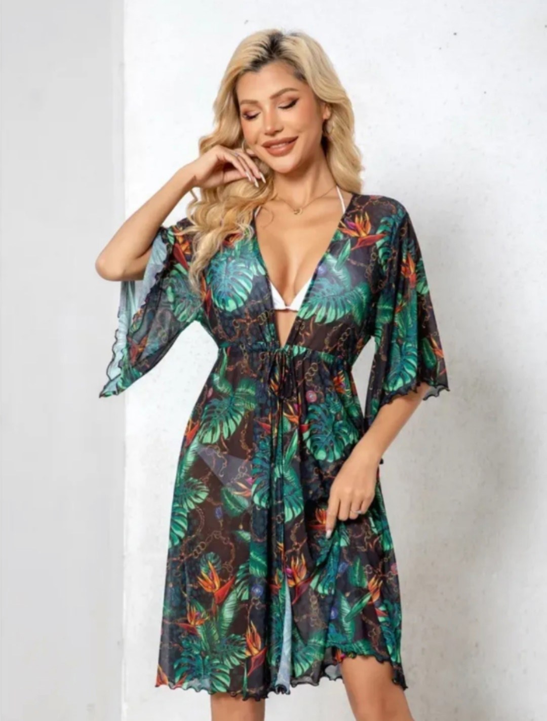 swim v cay кимоно с тропическим принтом с узлом без бикини shein,девушка,брюнетка,женщин,брюнетка актриса