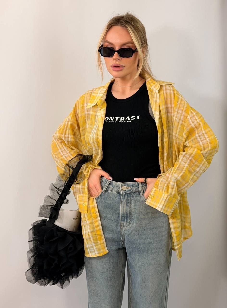 рубашка в клетку оверсайз удлиненная feel fine,стильная рубашка,рубашка в клетку оверсайз желтая,желтая рубашка,рубашка в клетку оверсайз