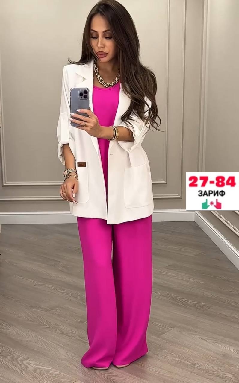 брючный костюм anelli 1398 фуксия,женский брючный костюм двойка,костюм из текстиля с приталенными брюками и жакетом anelli 1398 фуксия,брючный костюм,костюм с брюками
