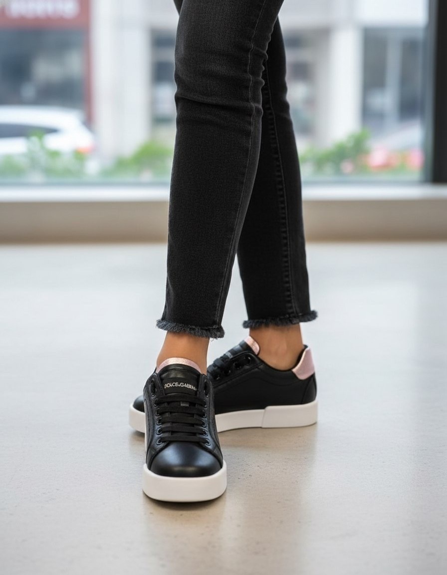 черные женские кожаные кроссовки с логотипом portofino dolce&gabbana,кроссовки dolce&gabbana,кроссовки dolce gabbana женские,,кожаные кеды portofino dolce & gabbana