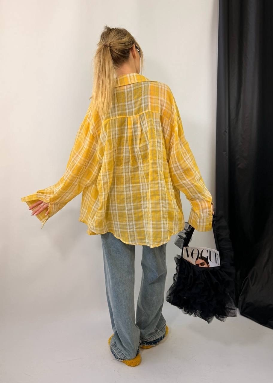 рубашка в клетку оверсайз удлиненная feel fine,стильная рубашка,рубашка в клетку оверсайз желтая,желтая рубашка,рубашка в клетку оверсайз