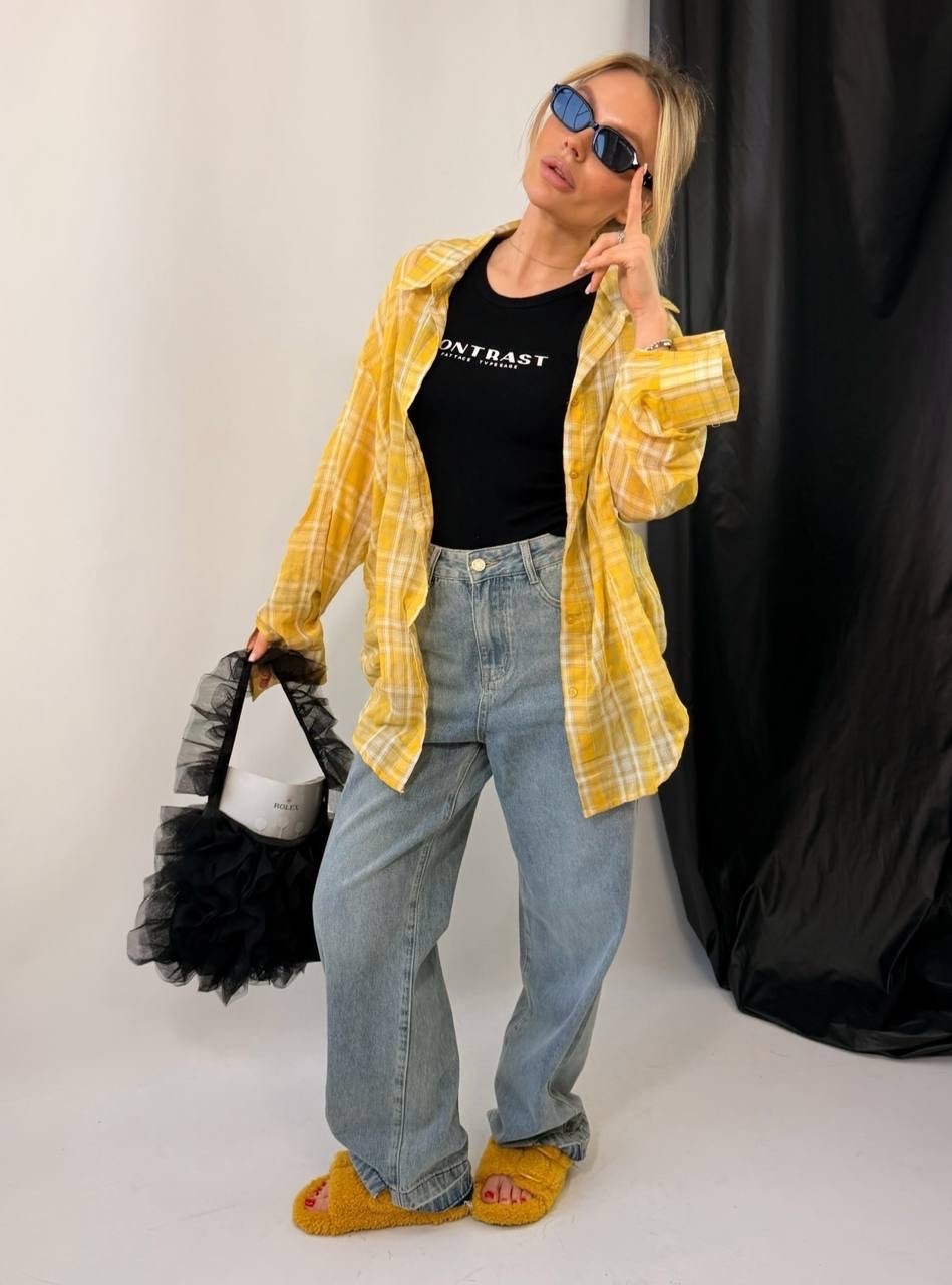 рубашка в клетку оверсайз удлиненная feel fine,стильная рубашка,рубашка в клетку оверсайз желтая,желтая рубашка,рубашка в клетку оверсайз