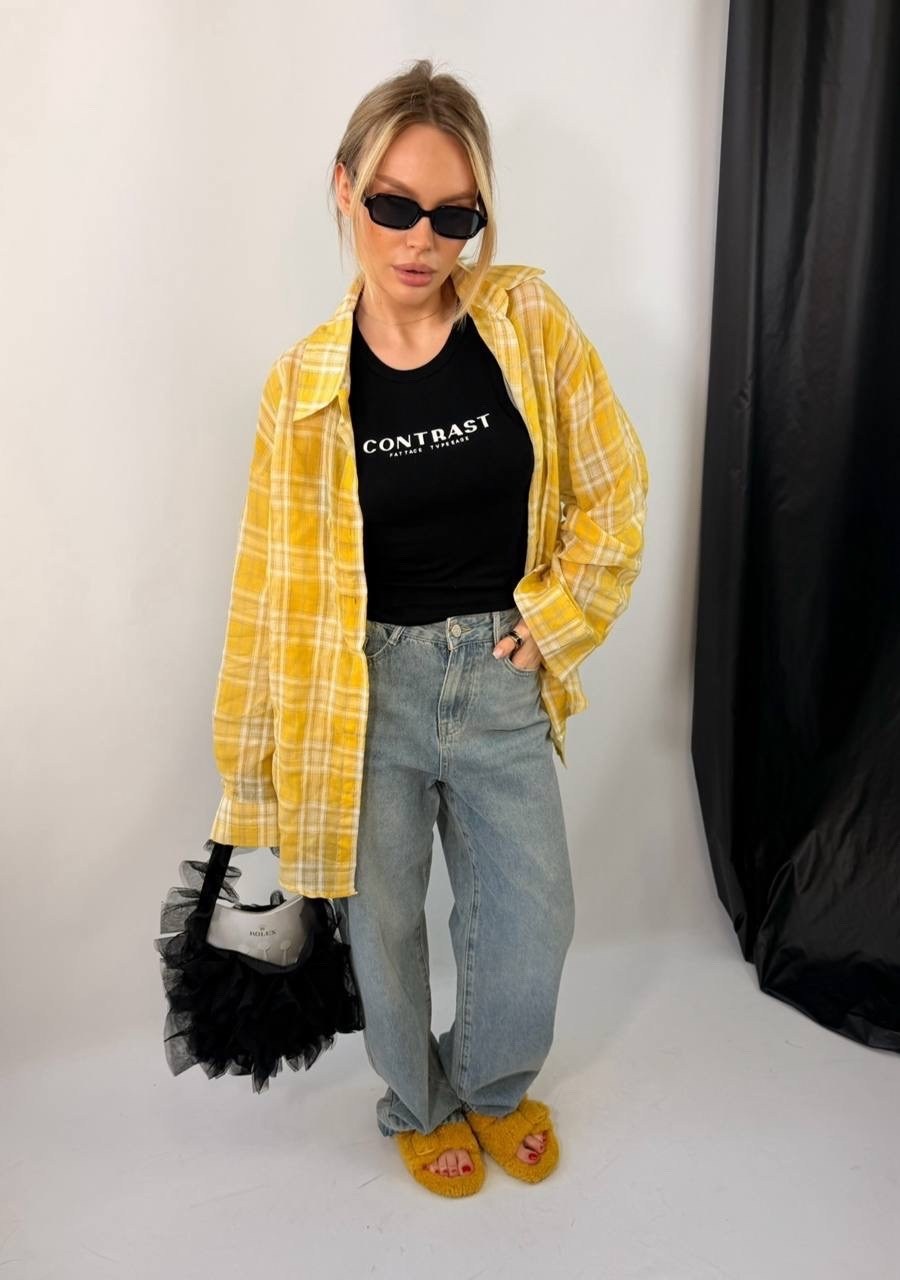 рубашка в клетку оверсайз удлиненная feel fine,стильная рубашка,рубашка в клетку оверсайз желтая,желтая рубашка,рубашка в клетку оверсайз