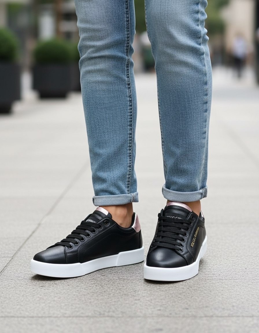 черные женские кожаные кроссовки с логотипом portofino dolce&gabbana,кроссовки dolce&gabbana,кроссовки dolce gabbana женские,,кожаные кеды portofino dolce & gabbana