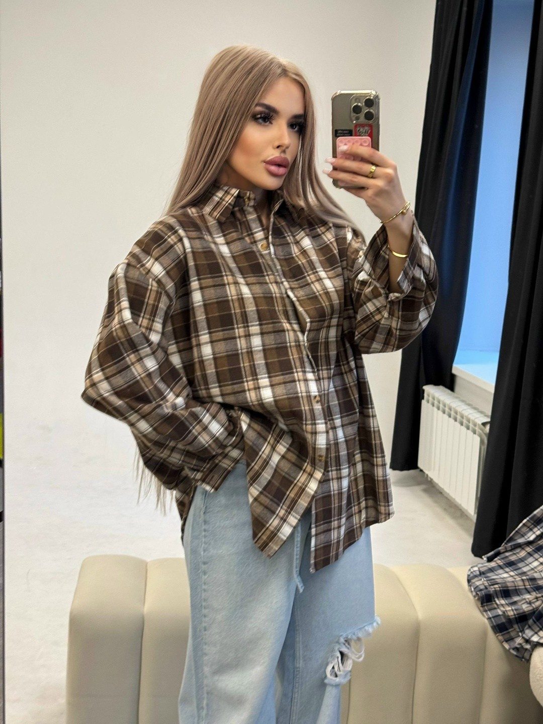 женская рубашка в клетку,женская рубашка,рубашка в клетку,рубашка оверсайз в клетку рваная dream shop one love,рубашка