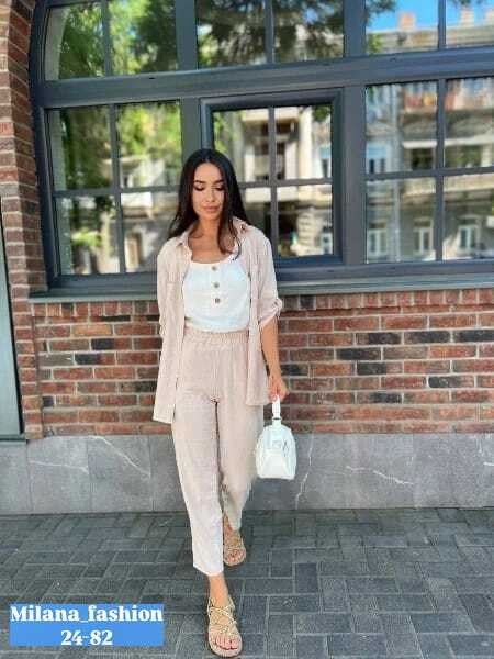 брючный костюм с топом,бежевый брючный костюм,костюм с длинной рубашкой,брючный костюм,женский летний костюм двойка