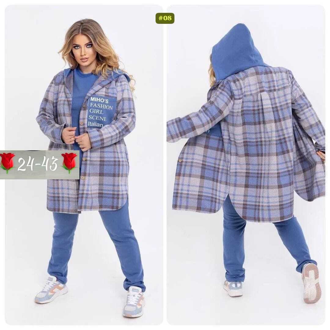 костюм женский на флисе,костюм женский тройка, больших размеров,худи оверсайз теплая в клетку удлиненная roza fashion,костюм на флисе