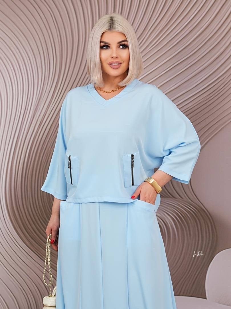 костюм женский с юбкой,костюм с юбкой,летние костюмы,костюм двойка юбка-брюки size plus голубой um106,юбочный костюм