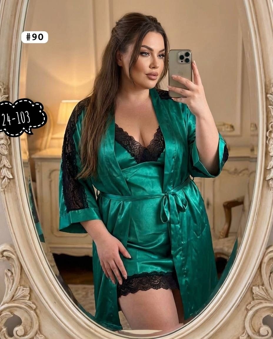 халат женский шелковый,халат женский,атласный халат,пеньюар женский зеленый,комплект с пеньюаром