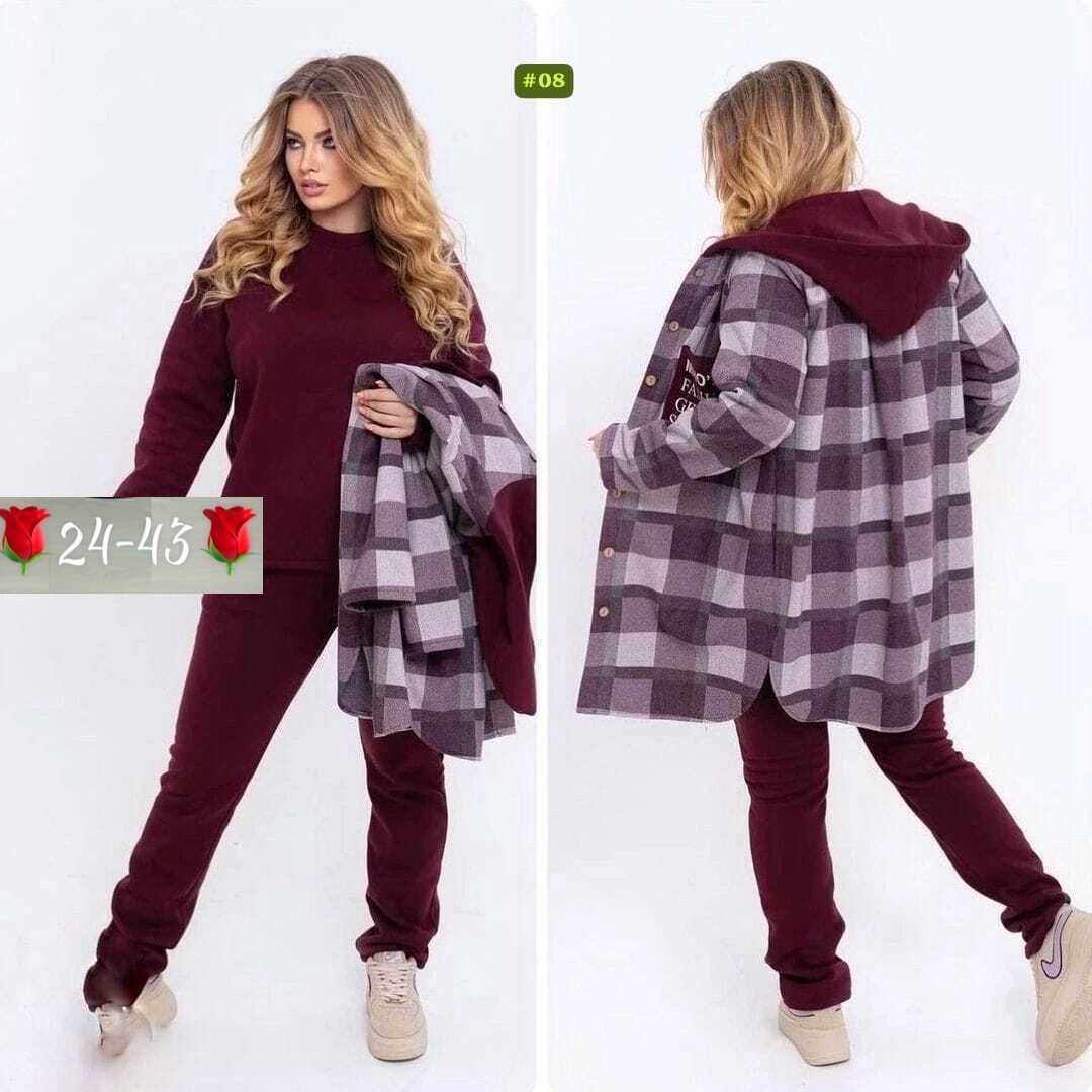 костюм женский на флисе,костюм женский тройка, больших размеров,худи оверсайз теплая в клетку удлиненная roza fashion,костюм на флисе