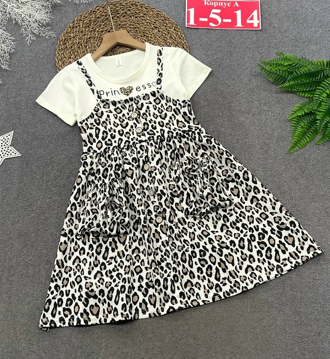 сарафан детский happy fox hf106sp леопард на бежевом,сарафан для девочки,сарафан детский,детские сарафаны,сарафан для девочки принт "леопард"