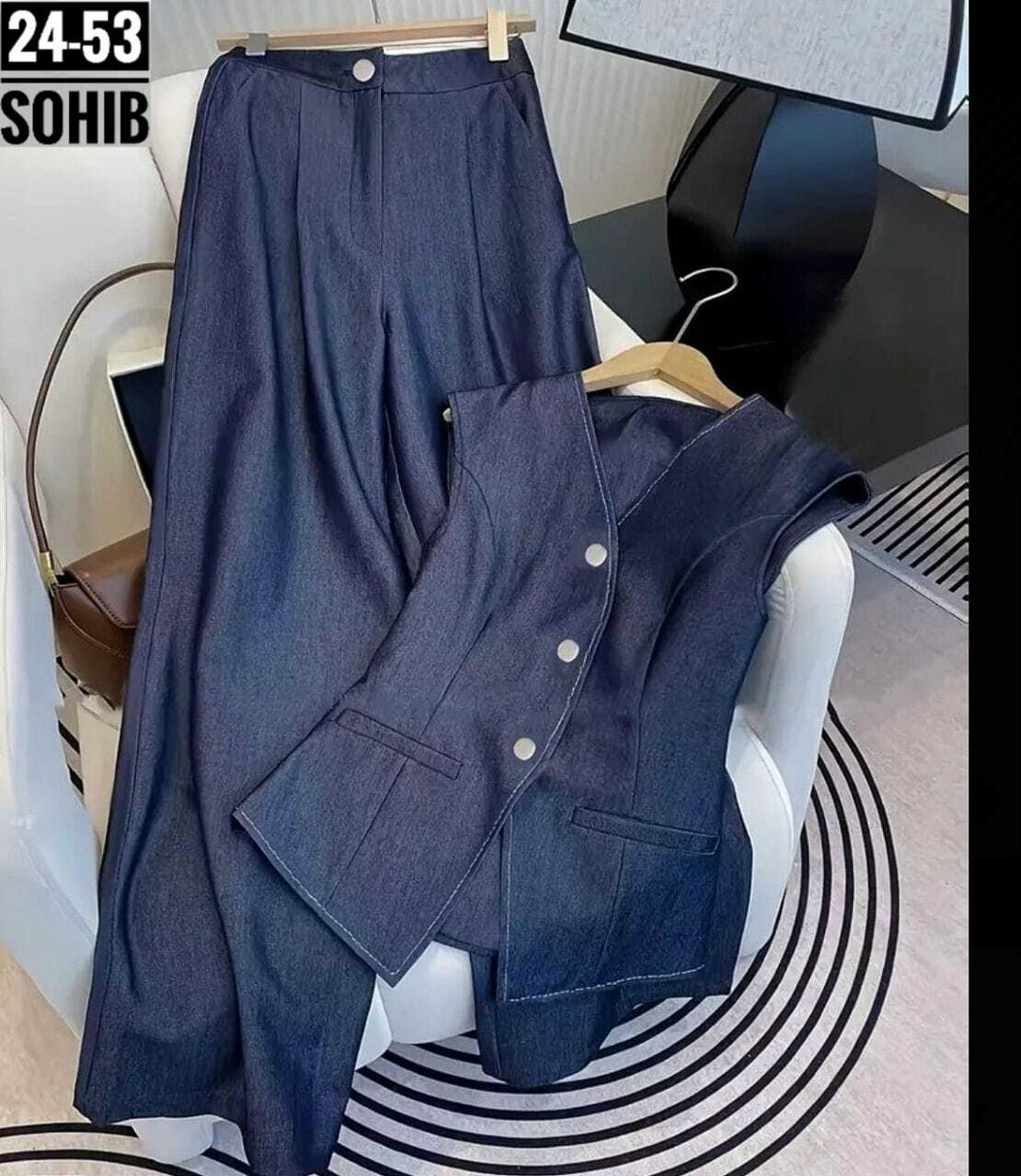 джинсовый костюм брючный палаццо с жилетом vera nova,жакет и брюки,женские костюмы,костюм стильный,костюм с жилетом