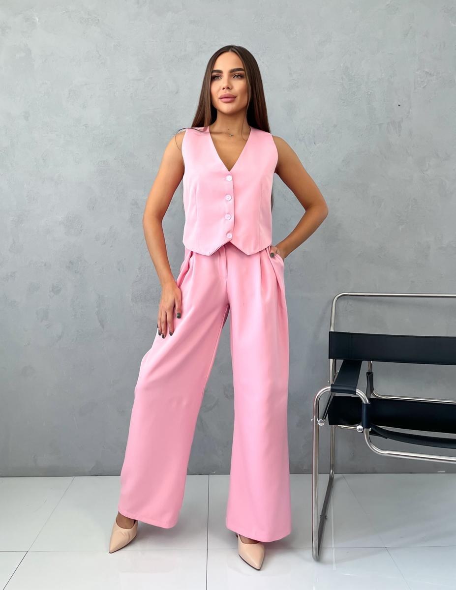 женский брючный костюм двойка,розовый костюм с жилеткой,женский костюм,костюм с брюками,костюм двойка