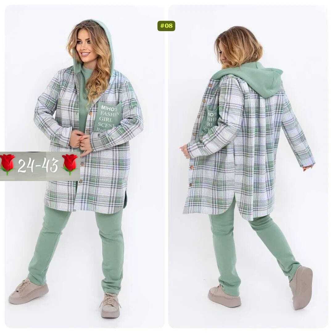костюм женский на флисе,костюм женский тройка, больших размеров,худи оверсайз теплая в клетку удлиненная roza fashion,костюм на флисе
