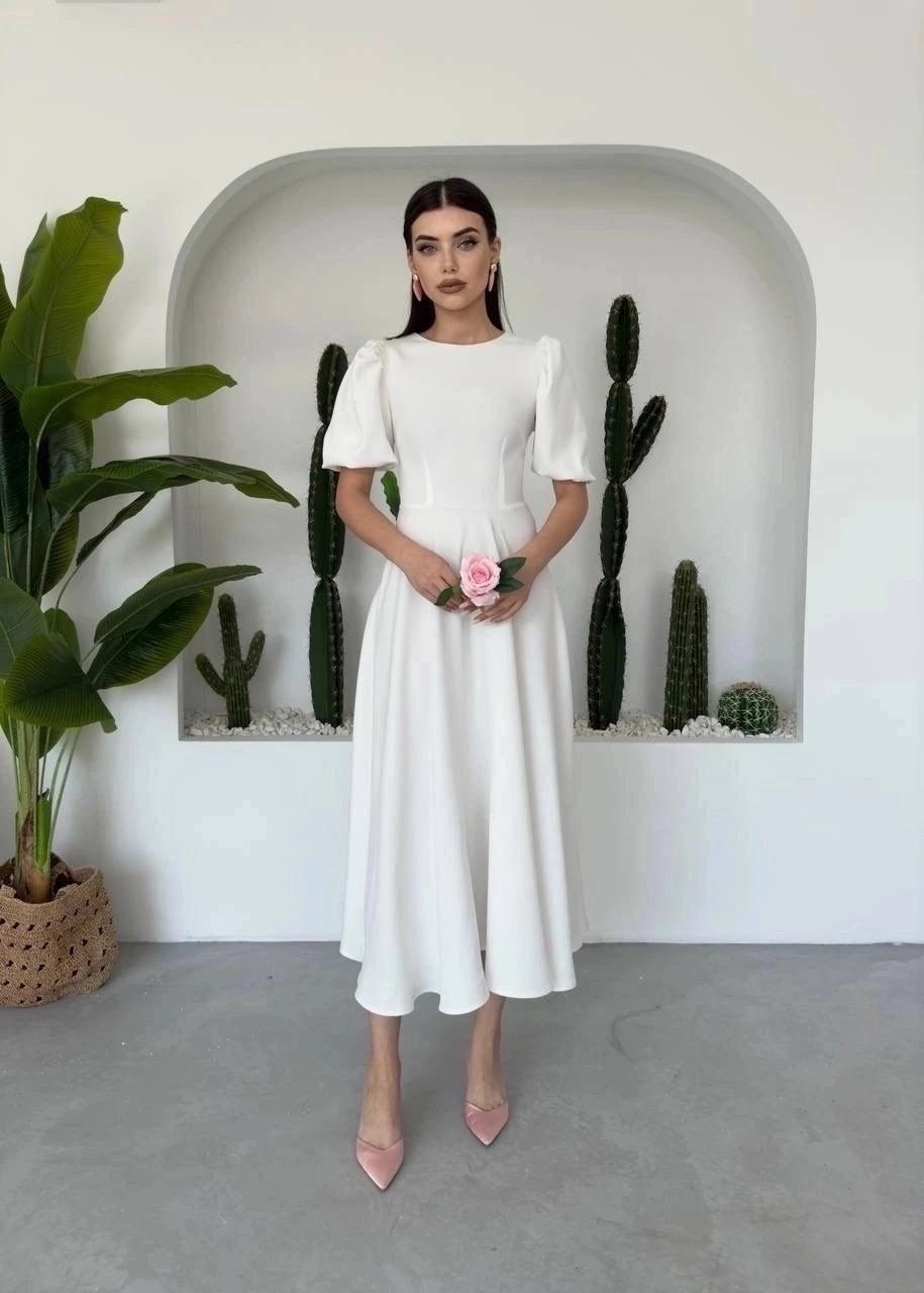 платье женское,платье миди,платье женское белое,платье вечернее женское белое,платье принцессы миди с круглым вырезом и рукавами-фонариками