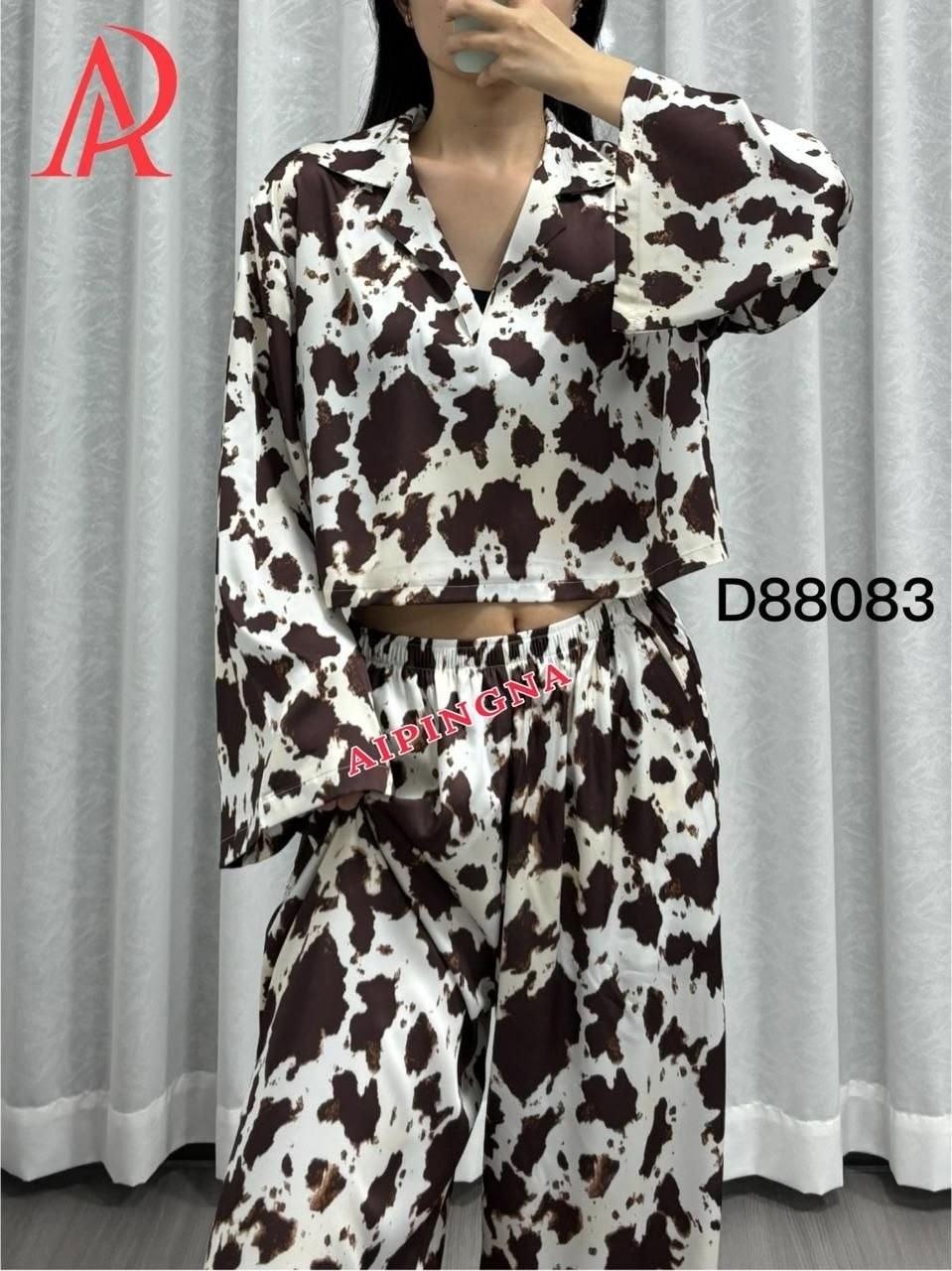 пижама с принтом коровы,пижама женская,костюм с принтом,пижама с принтом,пижама шелковая со штанами и рубашкой