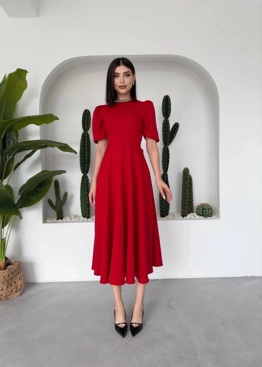 платье миди,платье миди с рукавами-фонариками,платье,платье красное,женское платье
