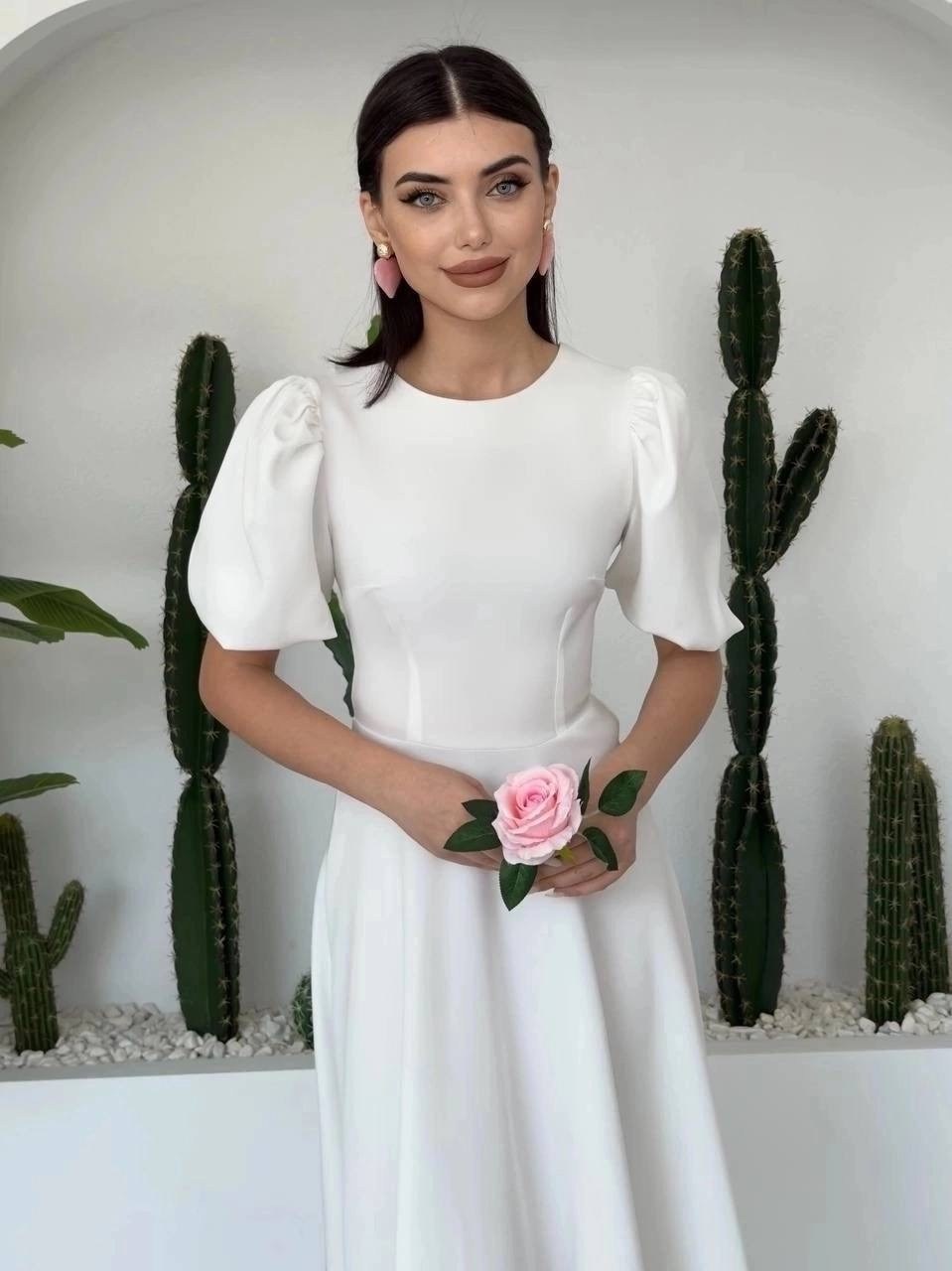 платье женское,платье миди,платье женское белое,платье вечернее женское белое,платье принцессы миди с круглым вырезом и рукавами-фонариками