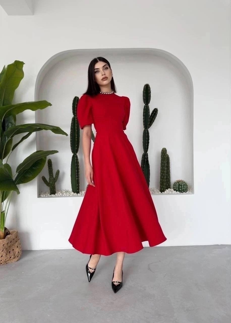 платье миди,платье миди с рукавами-фонариками,платье,платье красное,женское платье