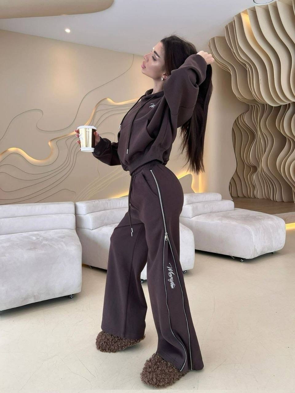 спортивный костюм,костюм спортивный женский,костюм спортивный оверсайз со штанами палаццо и зип худи micca 412863416,женский костюм,cпортивный костюм женский на флисе