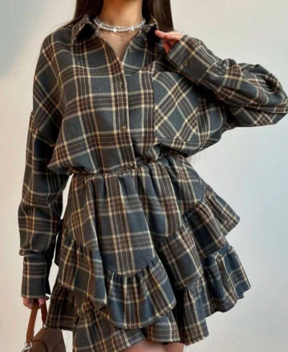 платье двоек в клетку в комплекте с повязной юбкой,костюм с юбкой и рубашкой,костюм с юбкой и рубашкой в клетку vi&so 332044247,костюм двойка с юбкой и рубашкой в клетку btf brand,костюм с короткой юб