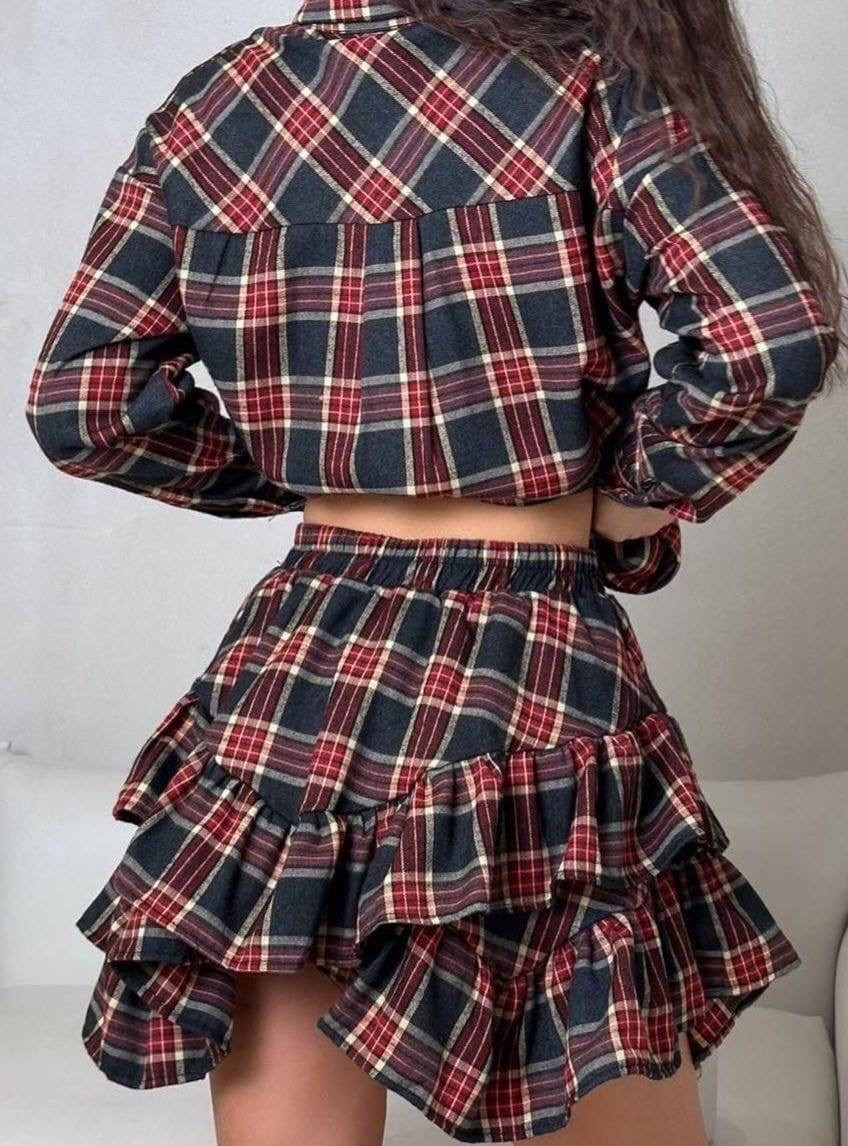 платье двоек в клетку в комплекте с повязной юбкой,костюм с юбкой и рубашкой,костюм с юбкой и рубашкой в клетку vi&so 332044247,костюм двойка с юбкой и рубашкой в клетку btf brand,костюм с короткой юб