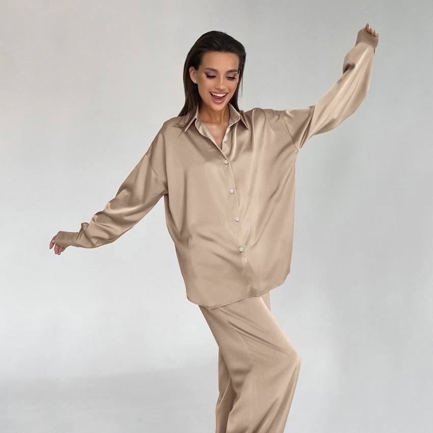 шелковый костюм,пижама для женщин,бежевый брючный костюм женский,атласный костюм,атласный брючный костюм