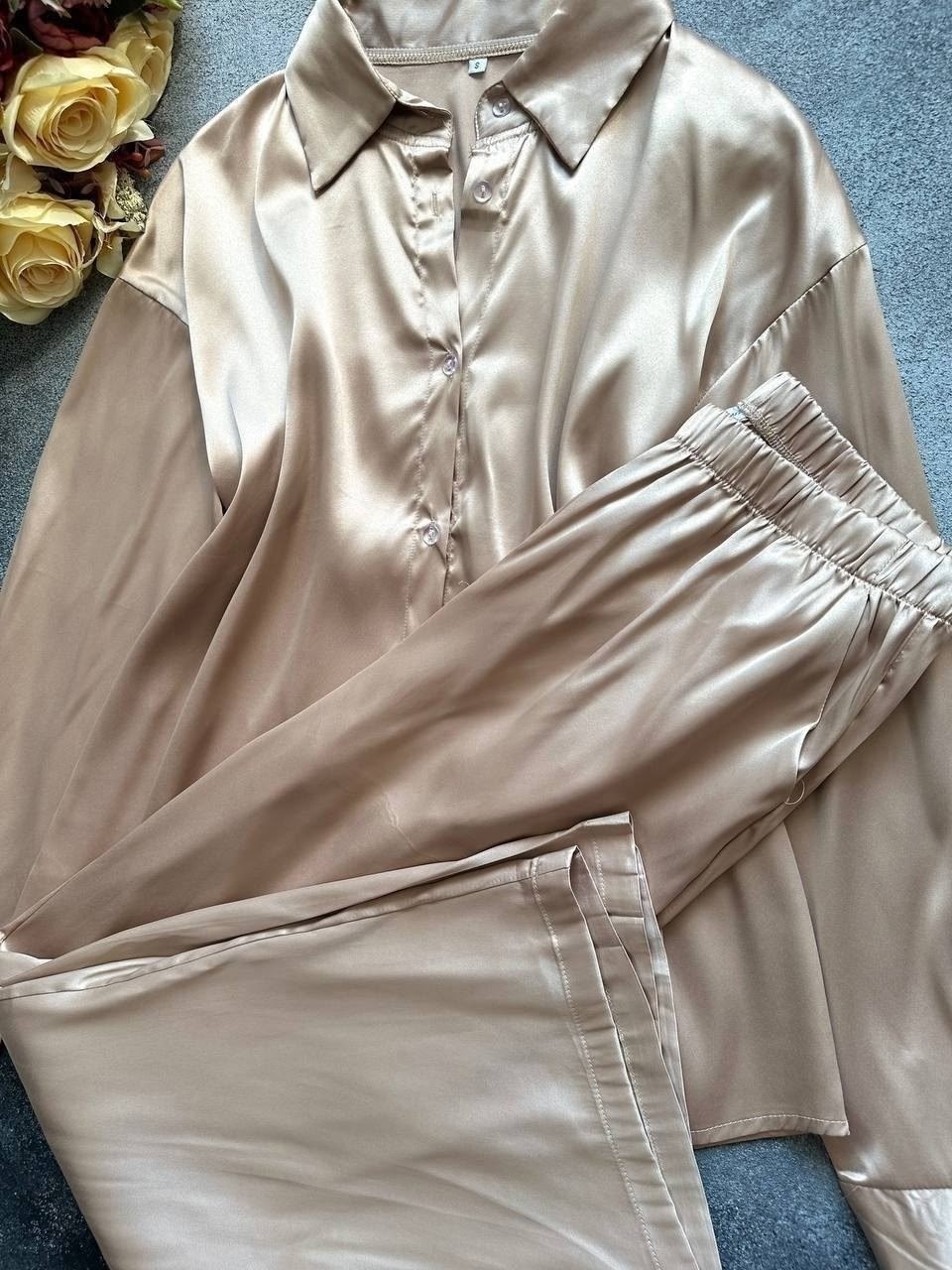 шелковый костюм,пижама для женщин,бежевый брючный костюм женский,атласный костюм,атласный брючный костюм