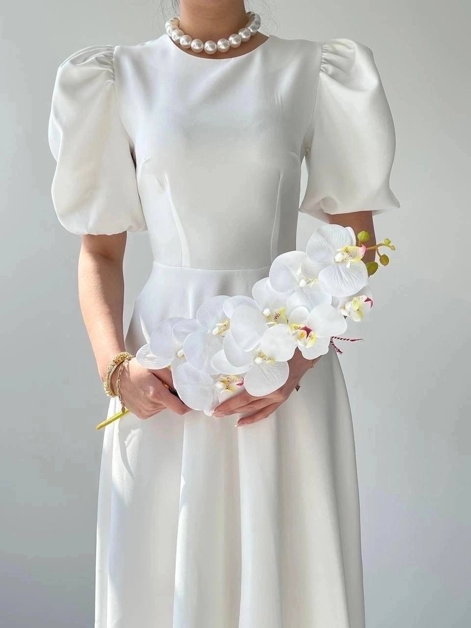 платье женское,платье миди,платье женское белое,платье вечернее женское белое,платье принцессы миди с круглым вырезом и рукавами-фонариками