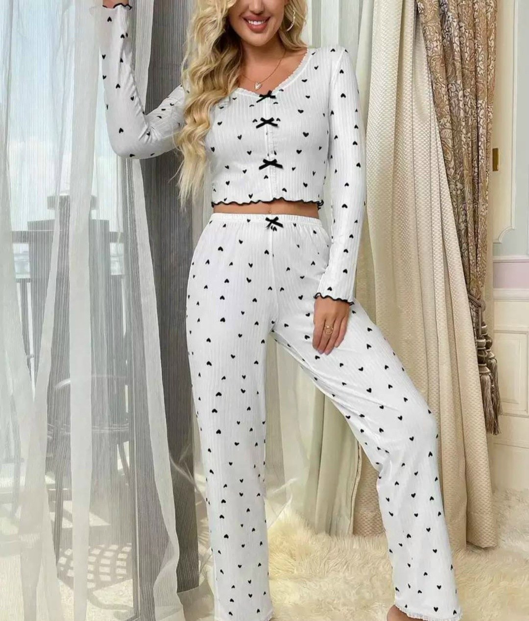 женский пижамный комплект из полиэстера,пижама со штанами с сердечками,пижамный комплект с принтом в виде сердца,пижама женская,пижама с сердечками